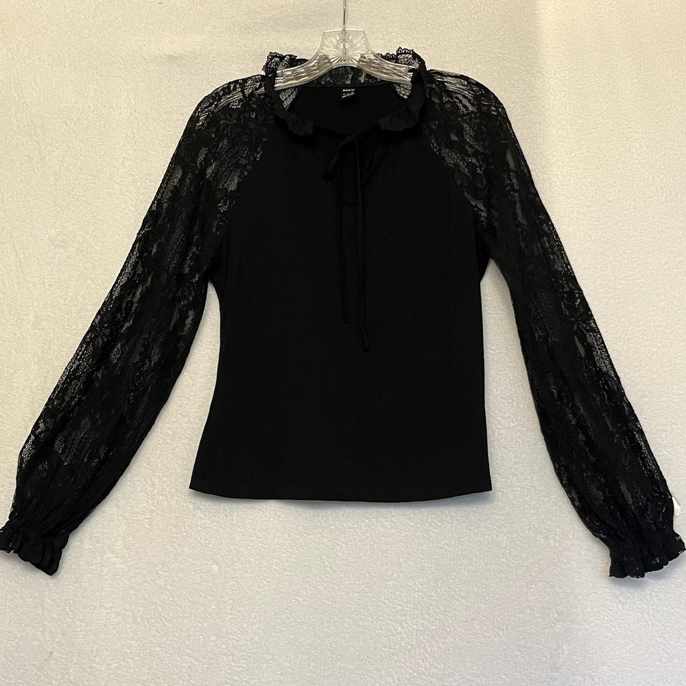 Black Lace Top Blouse Tie Front Fairygoth Dark Romantic Long Sleeve Whimsygoth L